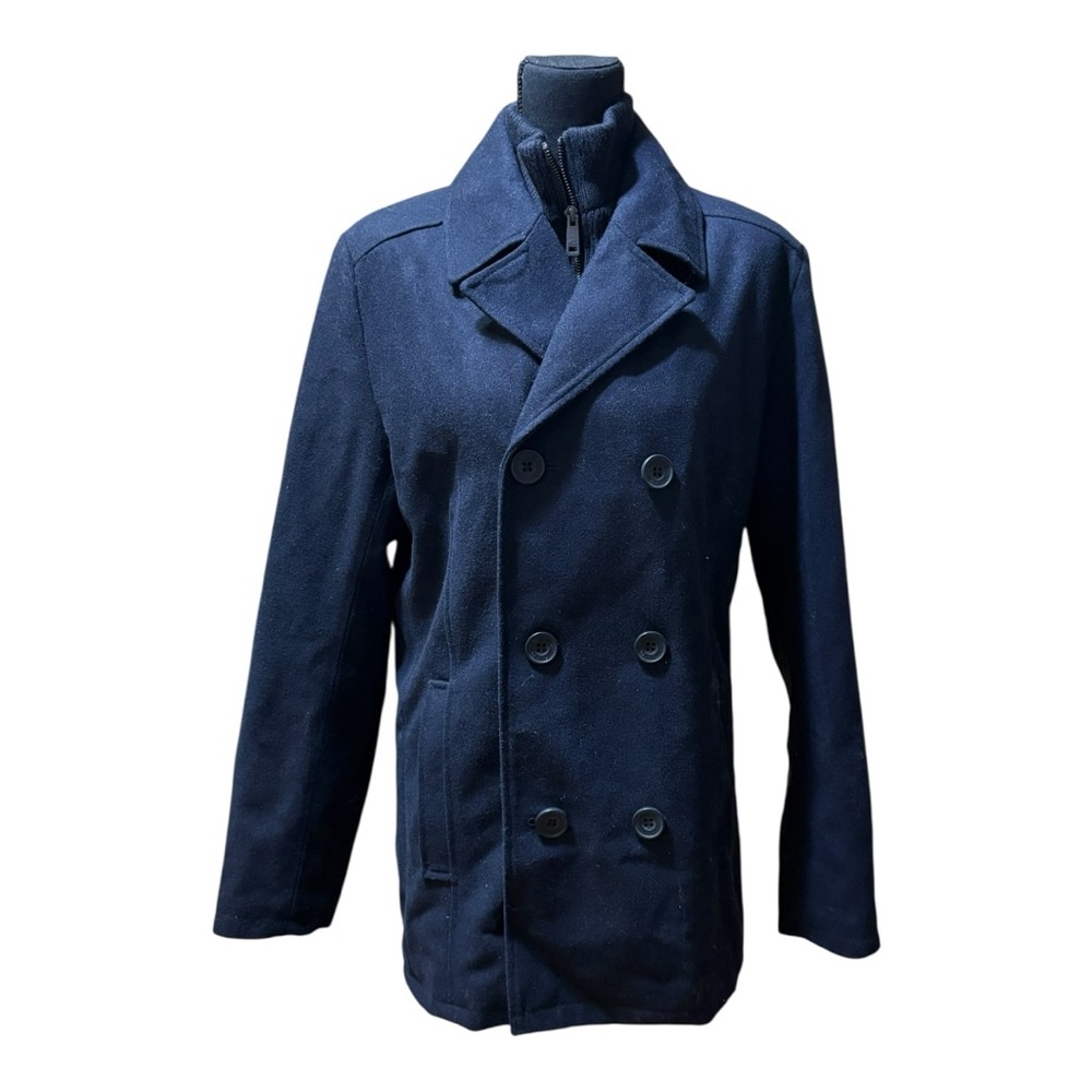 Kenneth Cole Reaction Men's Double-Breasted Wool Blend Peacoat with Bib.